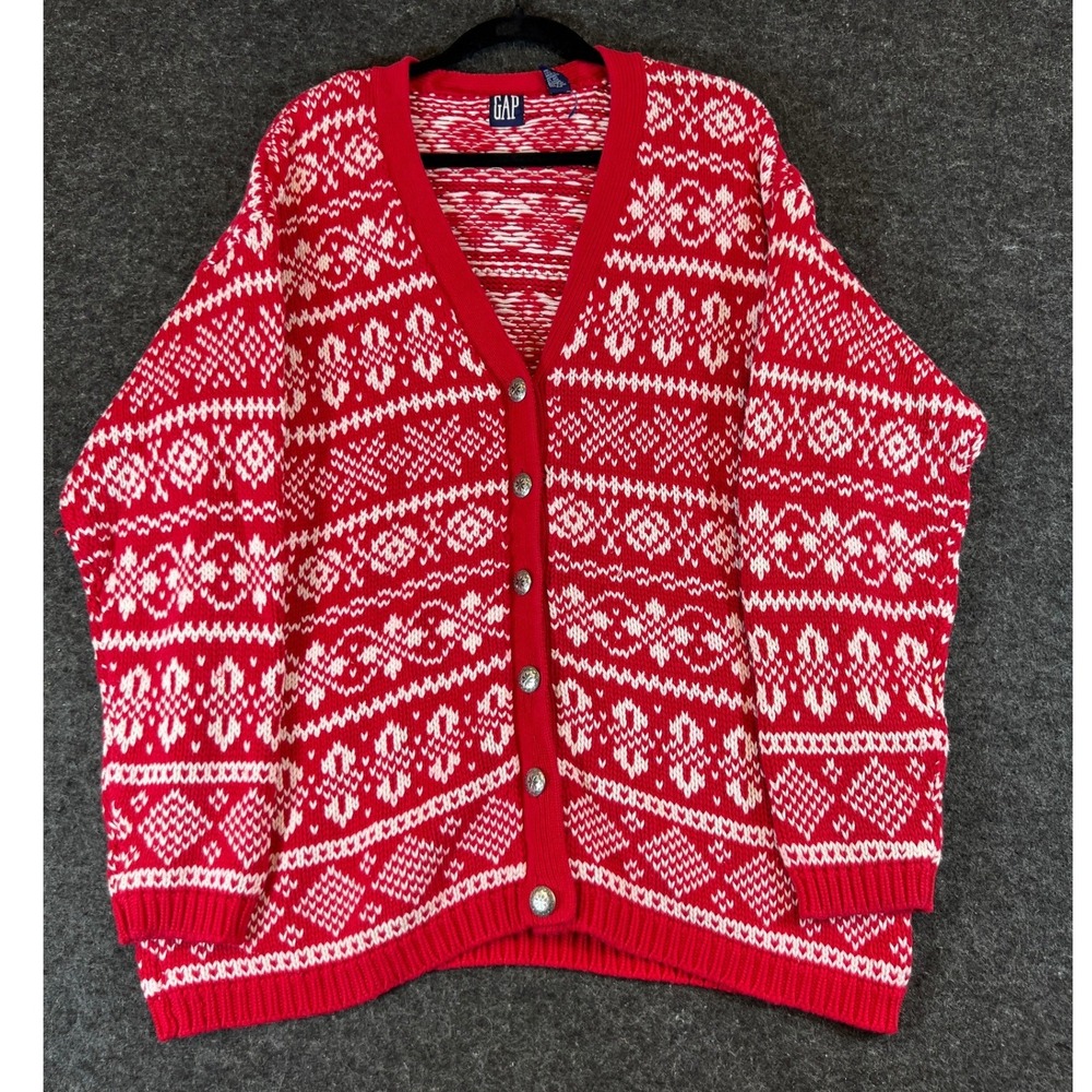 Vintage 90s Gap Red White Fair Isle Cotton Cardigan Sweater Womens Medium Nordic